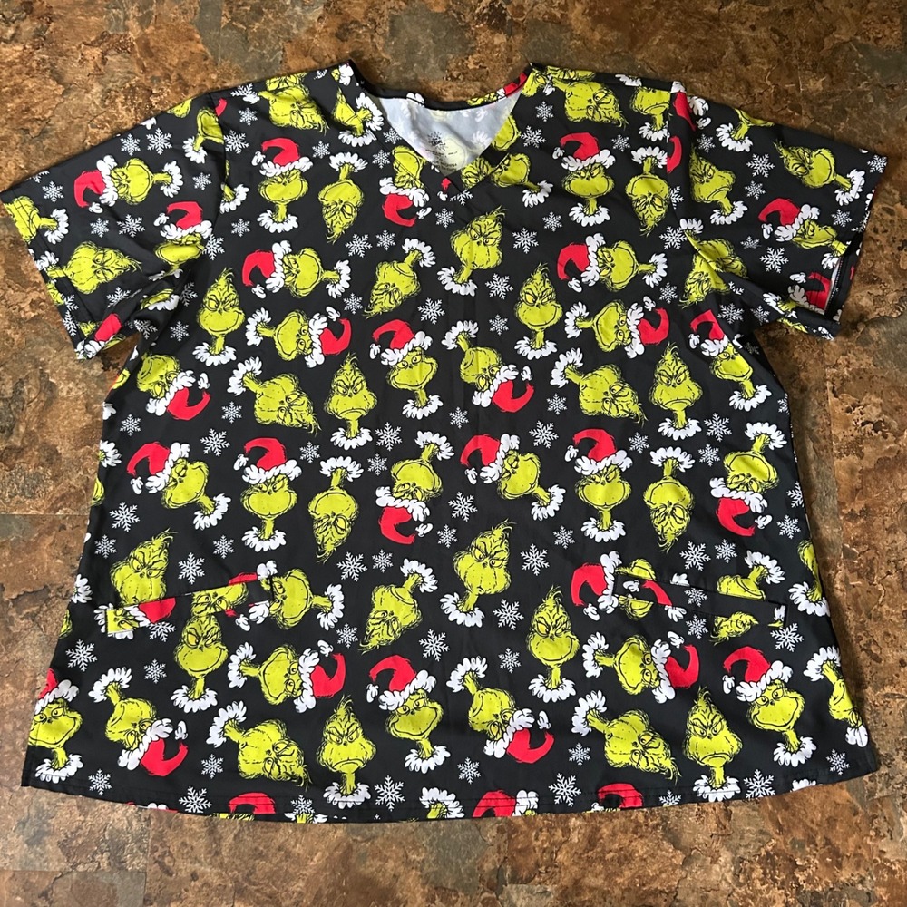 The Grinch Dr. Seuss Scrub Top Womens Size 3XL Black Short Sleeve Work Shirt
